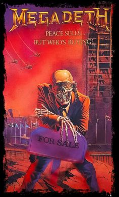 a book cover with a skeleton holding a purple bag in it's hands and the title for megadeth peace sells, but who's buying?