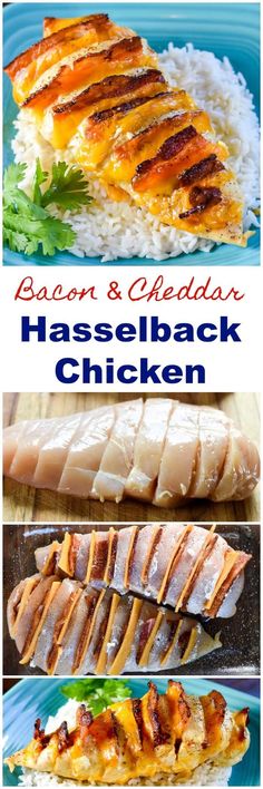 bacon and cheddar hasselback chicken on top of rice with the title above it