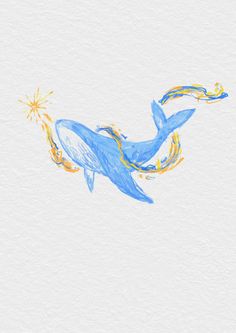 a drawing of a blue and yellow bird flying in the sky