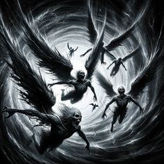 an image of three demonic creatures in the middle of a spirally black and white painting