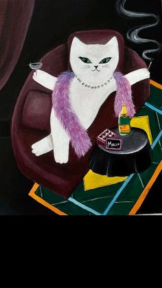 a painting of a white cat sitting in a chair