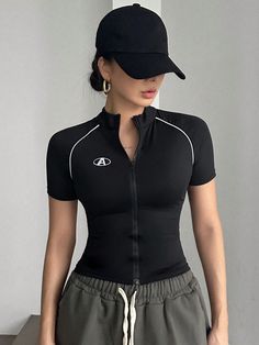 Women's Short Sleeve Zipper Front Slim Fit T-Shirt Black Casual  Short Sleeve Knitted Fabric Graphic,Letter  High Stretch Summer Women Clothing, size features are:Bust: ,Length: ,Sleeve Length: Slim Fit T Shirt Women, Short Top Designs, Gym Tops Women, High Waist Sports Leggings, Outfit Gym, Casual Style Outfits, Kids Sleepwear, Black Casual, Sports Shirts