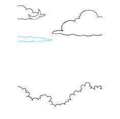 a drawing of clouds and birds flying in the sky with one bird on it's back