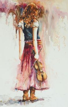 a painting of a girl holding a violin in her hands and looking down at the ground