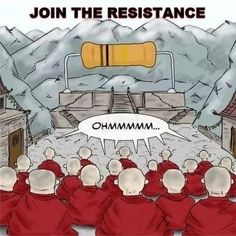 a group of monks sitting in front of a stage with a speech bubble saying join the resistance