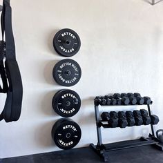 there are three black plates on the wall next to a rack of dumbbells