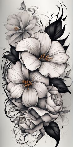 some white flowers and black leaves on a gray background with the words, tattoo art