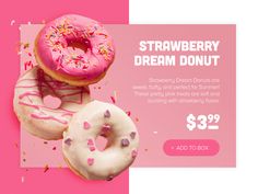 three donuts with pink icing and sprinkles are on a pink background