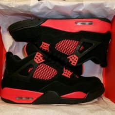 Pre-Owned Air Jordan 4 Retro "Red Thunder" Black / Red Men’s Size 11.5 Ct8527-016 Description: “Worn Once For A Short Time. They Were Purchased For My Grandson He Gave Me His Size But They Turned Out To Be Too Small. He Did Not Tell Me That They Hurt His Feet And Had To Take Them Off. Because They Were Worn Could Not Return Them. So Next Best Thing Is To Sell Them. 1: There Are Some Scuff Marks On The Inside Where He Must Have Rubbed Them Together (Can Be Seen In The Photos #8 And #9) 2: I Added 2 New Photos To The Listing (Last 2). These Are Showing To What Appears To Me Are Some Small Dots Of Glue, Possibly Dripped During The Making Of The Sneakers Sneakers Have Been Stored In A Smok Cute Jordans, Nike Shoes Women Fashion, Red Thunder, Jordan 4’s, Pretty Sneakers, Nike Fashion Shoes, Pretty Shoes Sneakers, Jordan Shoes Retro, All Nike Shoes