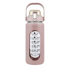 a pink water bottle with a metal lid and handle on the side, in front of a white background