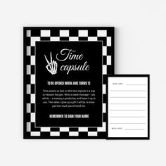 a black and white checkered postcard with the words time capsule written on it