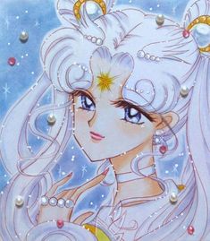 a drawing of a girl with white hair and pearls