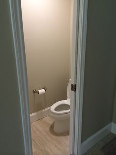 an open door leading to a bathroom with a toilet in the corner and a roll of toilet paper on the wall