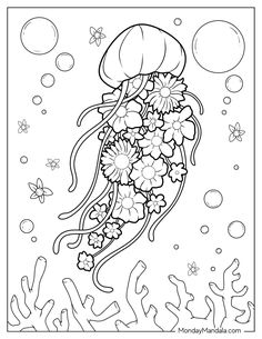 a coloring book page with an image of a jellyfish and flowers in the water