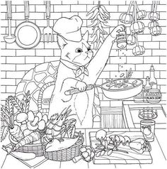 a cartoon bear cooking food in the kitchen