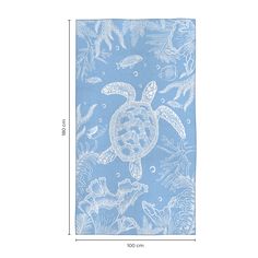 a blue towel with an image of a sea turtle on the front and bottom side