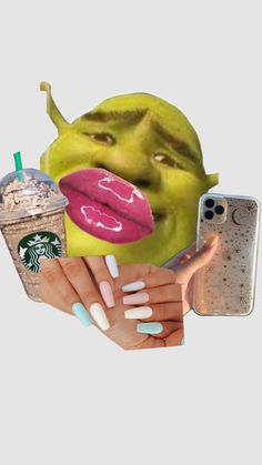 an apple, coffee cup, cell phone and other items are depicted in this collage