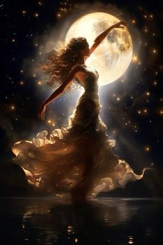 a woman is dancing in front of the moon with her hair blowing in the wind