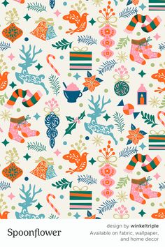 an image of a colorful pattern with flowers and other things on the background, including birds