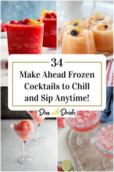 Collage of 4 make ahead frozen cocktails. Frozen Ice Cubes Cocktails, Slush Drinks Alcohol Frozen, Frozen Cocktails Recipes, Freezer Cocktails, Adult Slushies Frozen Drinks, Make Ahead Cocktails, Cocktail Slushies, Frozen Margarita Recipes, Blended Cocktail Recipes