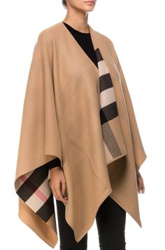 Burberry Charlotte Wool Reversible Poncho Cape One Size Camel Burberry Poncho, Burberry Cape, Wool Cape, Handkerchief Hem, Capes For Women, Poncho Cape, Check Pattern, Dress With Cardigan, Cardigan Jacket