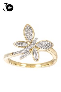 0.15ctw round white diamond, 10k yellow gold butterfly ring. Measures approximately 9/16"L x 9/16"W and is sizeable. White rhodium enhanced prongs. Gold Butterfly Ring, Butterfly Ring, Gold Butterfly, 10k Gold, White Diamond, Yellow Gold, Ring, Yellow, Gold