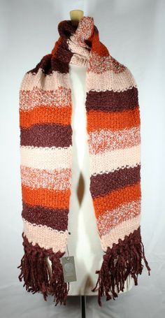 New Vince Camuto Warm Striped Knit Muffler Scarf with Fringe. Measures 9" wide by 78" long. 100% Acrylic. Brown,Orange and Cream Colors. Brand new in package with tags. Crochet Pattern Scarf, Ideas Regalos, Brown Scarf, Scarf With Fringe, Striped Scarf, Pattern Scarf, Crochet Inspo, Fall Scarves, Striped Scarves