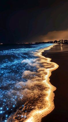 the beach is lit up at night with lights in the water and waves crashing on it