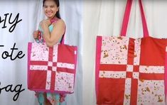 a woman holding a pink and red tote bag