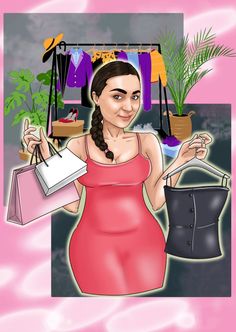 a woman in a pink dress holding shopping bags