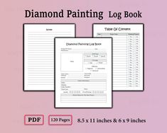 the diamond painting log book is shown in three different sizes and colors, including one for each