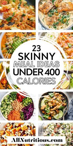 many different pictures with the words skinnyy meal ideas under 300 calories