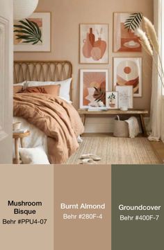 Boho Bedroom Color Palette Inspo Earthy Colours Bedroom, Boho Bedroom With Color, Boho Room Wall Color, Simplistic Boho Bedroom, Boho Theme Bedroom Ideas, Boho Room Theme, Neutral Boho Paint Colors, Natural Wall Colors Paint, Beige Wall Bedroom Ideas Colour Schemes