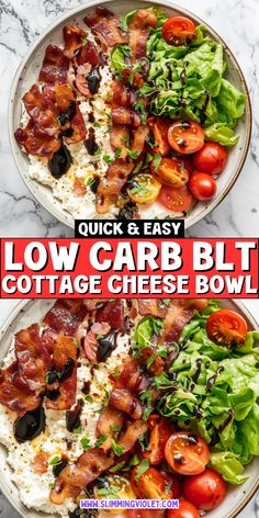 low carb blt cottage cheese bowl with bacon, tomatoes and lettuce