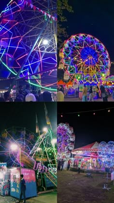 several different images of carnival rides at night