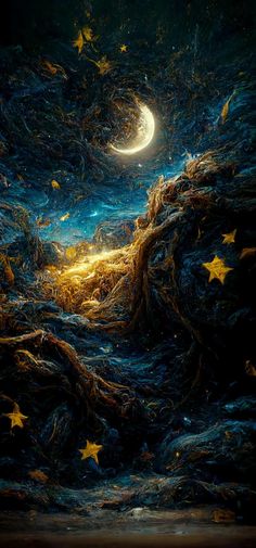 an artistic painting with stars and moon in the sky