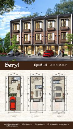 three story apartment building with different floor plans