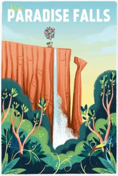 Disney Pixar - UP Movie Poster, Paradise Falls Travel Poster. Disneyworld, Disneyland, Epcot Center, Vintage Disney Posters, Foto Muro Collage, Deco Disney, Paradise Falls, Disney Up, Disney Posters, Art Disney, Picture Collage Wall, Pinturas Disney