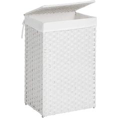 white wicker laundry hamper with lid and draws on the bottom, side view