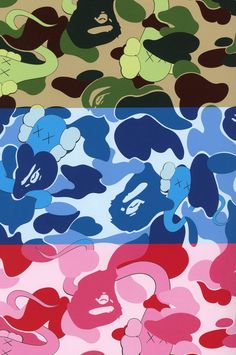 four different colors of camouflage print fabric on a white background, each with an abstract flower pattern