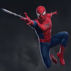 a spider - man flying through the air with his arms out in front of him