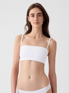 Soft microfiber bandeau bralette.  Removable, adjustable spaghetti straps.  Can be worn strapless.  Elasticized underband.  For more fit and sizing info, check out our Size Guide. White Bralette, Bra Panty, Human Figure, Just Girly Things, Flat Chest, Second Skin, New Woman, Toddler Boys, Girly Things