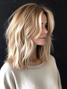 Lob Haircut Strawberry Blonde, Lob With Long Layers And Curtain Bangs, Trendy Medium Length Haircuts With Long Bangs, Blond Hair Ideas Mid Length, Lob Haircut Low Maintenance, Before And After Fine Haircuts, Medium Hair Styles Blonde, Medium Length Haircut Short Layers, Blond Lob Haircut Shoulder Length