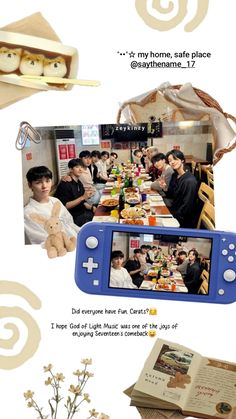 an advertisement for the nintendo wii game system with pictures of people eating and playing video games