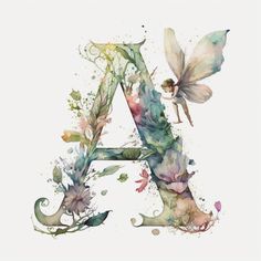 the letter a is painted with watercolors and has a fairy sitting on top of it