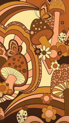 an abstract painting with mushrooms and flowers