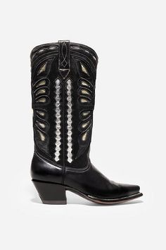 Crafted from 100% genuine leather, the Farfelle Cowboy Boots make a bold statement in style. Featuring laser-cut detailing in rich black leather with white leather peeking out underneath, these pull-on boots are finished with a traditional block heel. Pair with bootcut jeans and a bold top for a fun night out with friends. Johnny Was Women's Farfalle Cowboy Boot in Black, Size 7, Leather Black Calf Leather Boots With Snip Toe, Black Snip Toe Calf Leather Boots, Boho Chic Outfits, Pull On Boots, Cowboy Boot, Embroidered Jeans, Johnny Was, Leather Care, Boot Shoes Women