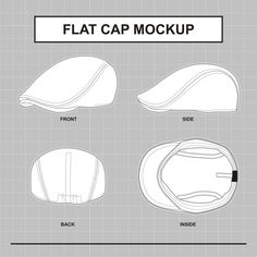 the flat cap mockup is shown in three different positions, including the front and back