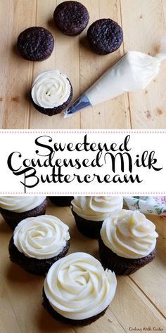 chocolate cupcakes with white frosting on a wooden table