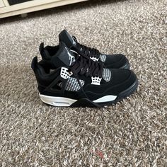 Size 8 Brand New Men’s Jordan’s Jordan 4s White Thunder, Jordan 4 White Thunder, Black And White Jordans, Bedazzled Shoes, Jordan 4 White, Black Thunder, Jordan 4’s, Pretty Sneakers, White Jordans